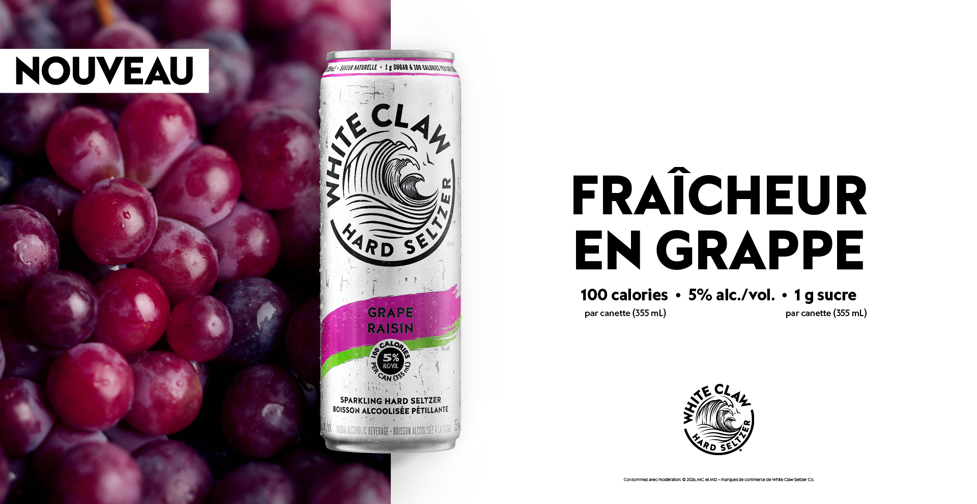 Nouveau White Claw Raisin, hard seltzer 5 % alc./vol, 100 calories, 1 g de sucre par canette 355 mL