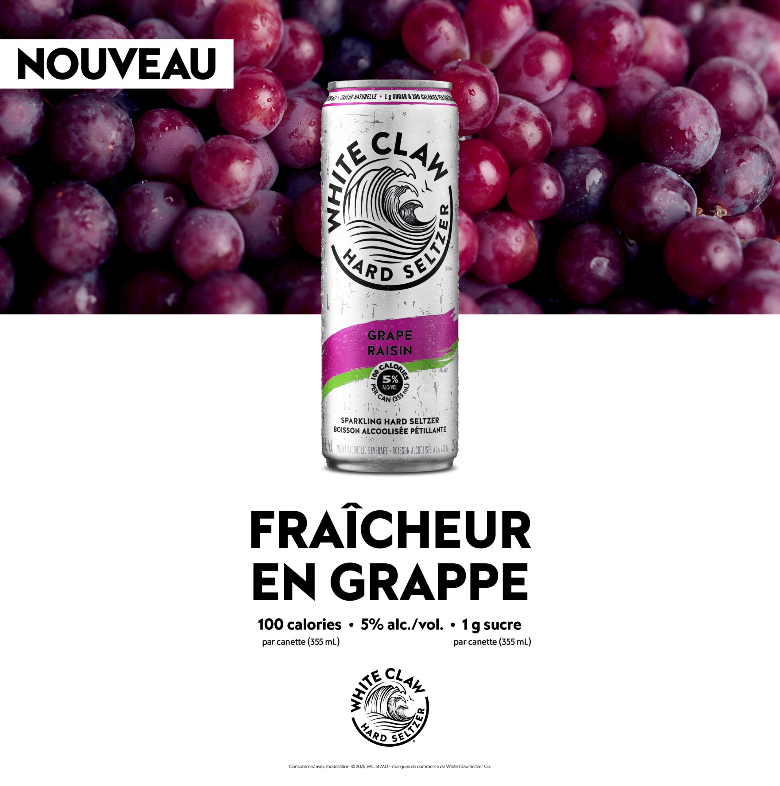 Nouveau White Claw Raisin, hard seltzer 5 % alc./vol, 100 calories, 1 g de sucre par canette 355 mL