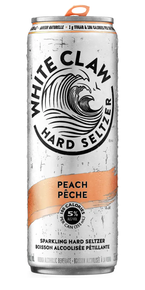 can of white claw hard seltzer, peach flavour