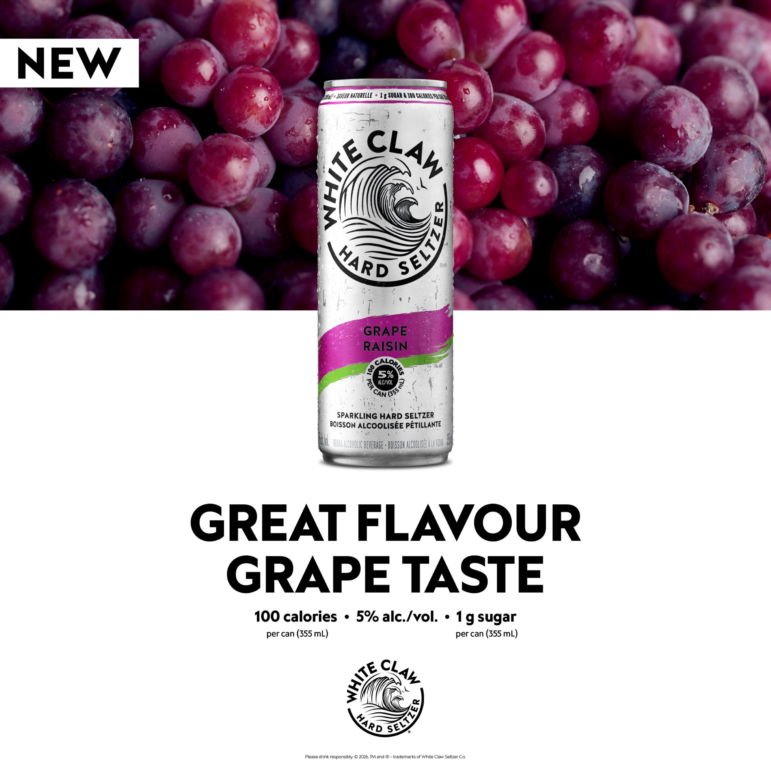 New White Claw Grape hard seltzer, 5% alc./vol, 100 calories, 1g sugar per 355 mL can
