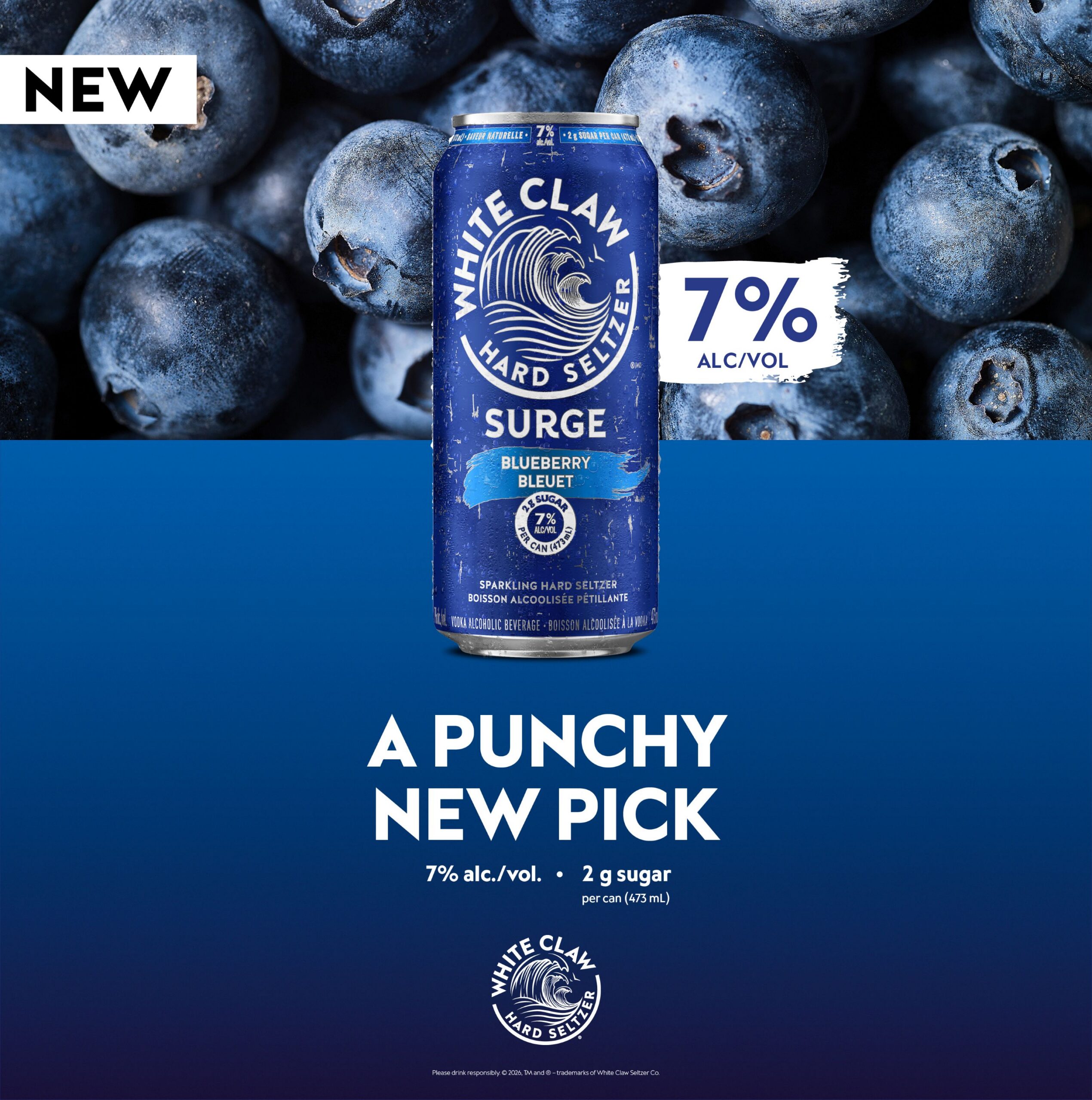 New White Claw Surge Blueberry 7% hard seltzer can with blueberries background