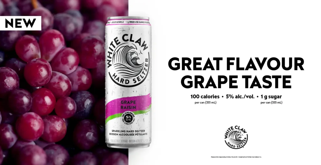 New White Claw Grape hard seltzer, 5% alc./vol, 100 calories, 1g sugar per 355 mL can
